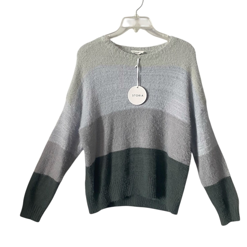 Storia Anthropologie Color Block Fuzzy Knit Sweater Women Size Small‎ Grey